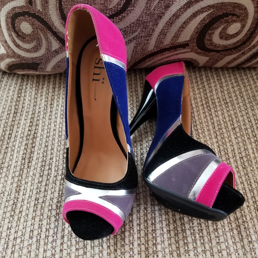 Blue, pink, silver and gray heels